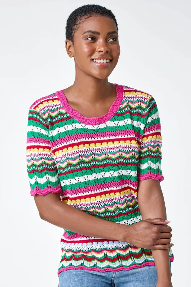 Women Pink Wave Print Knitted Cotton Top Roman Tops