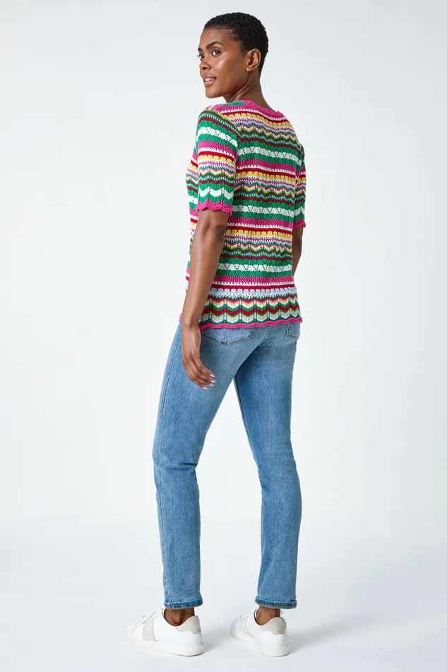 Women Pink Wave Print Knitted Cotton Top Roman Tops