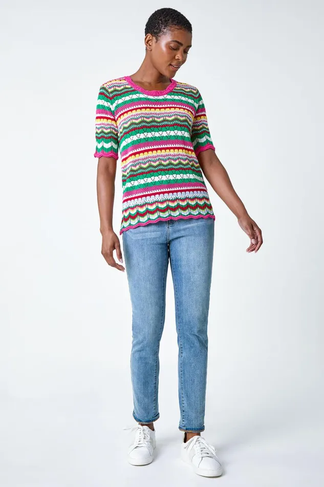 Women Pink Wave Print Knitted Cotton Top Roman Tops