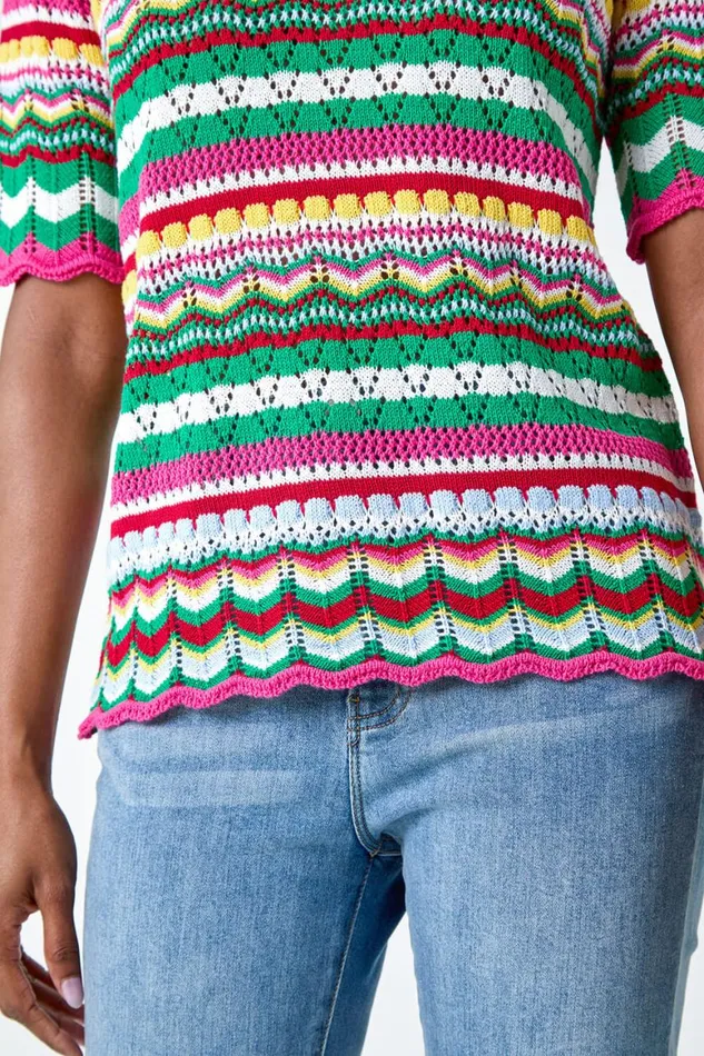 Women Pink Wave Print Knitted Cotton Top Roman Tops