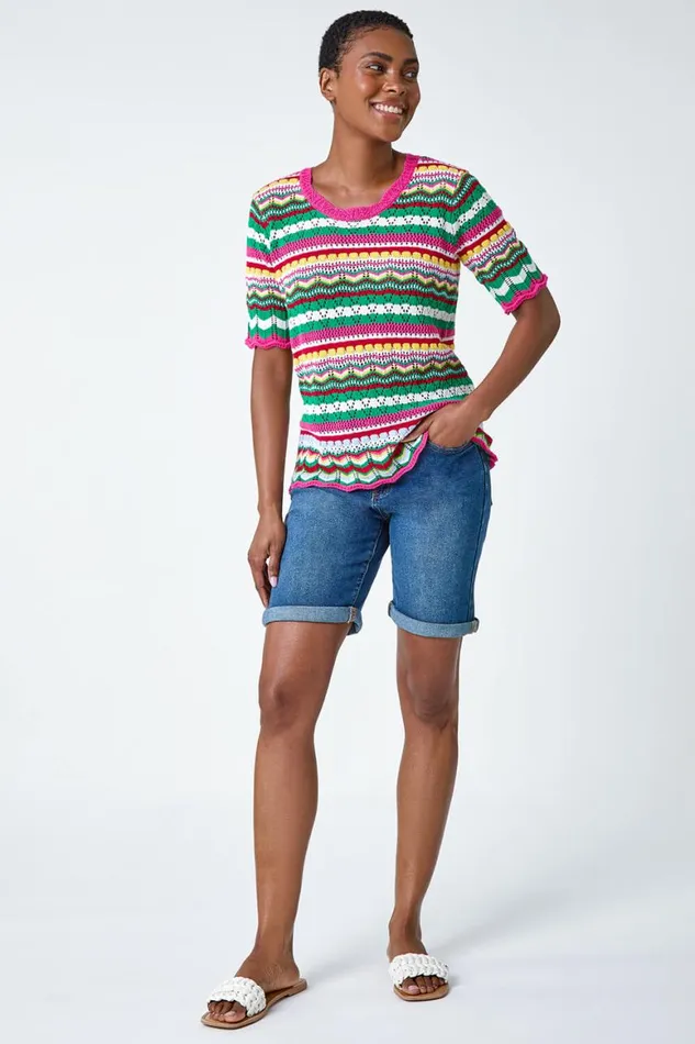 Women Pink Wave Print Knitted Cotton Top Roman Tops
