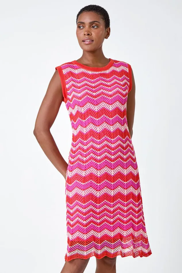 Women Pink Zig Zag Print Knitted Shift Dress Roman Dresses