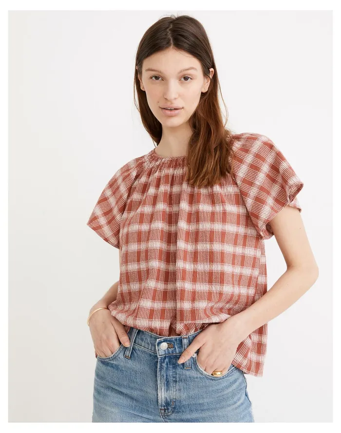Women Plaid Gauze Flutter Sleeve Top Weathered Brick Madewell Tops and Shirts