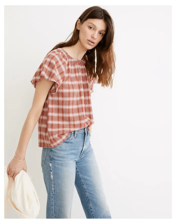 Women Plaid Gauze Flutter Sleeve Top Weathered Brick Madewell Tops and Shirts Women Plaid Gauze Flutter Sleeve Top Weathered Brick Madewell Tops and Shirts