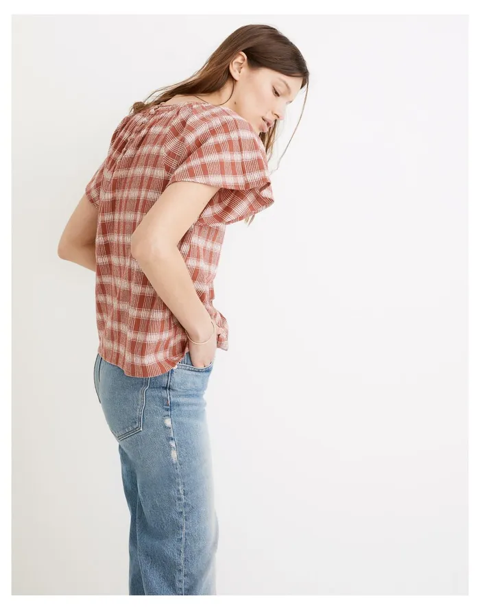 Women Plaid Gauze Flutter Sleeve Top Weathered Brick Madewell Tops and Shirts Women Plaid Gauze Flutter Sleeve Top Weathered Brick Madewell Tops and Shirts