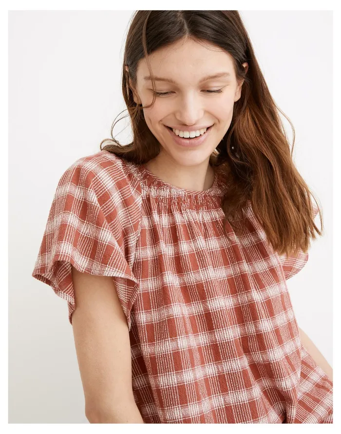 Women Plaid Gauze Flutter Sleeve Top Weathered Brick Madewell Tops and Shirts Women Plaid Gauze Flutter Sleeve Top Weathered Brick Madewell Tops and Shirts