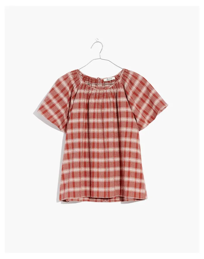 Women Plaid Gauze Flutter Sleeve Top Weathered Brick Madewell Tops and Shirts Women Plaid Gauze Flutter Sleeve Top Weathered Brick Madewell Tops and Shirts