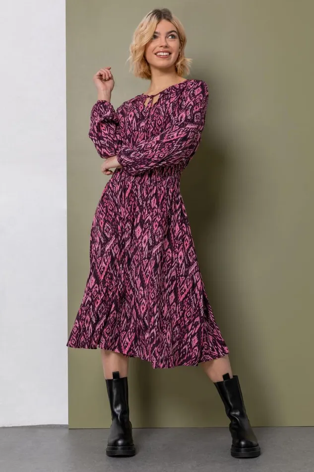 Women Plum Aztec Print Ruffle Detail Midi Dress Roman Dresses
