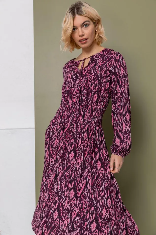 Women Plum Aztec Print Ruffle Detail Midi Dress Roman Dresses
