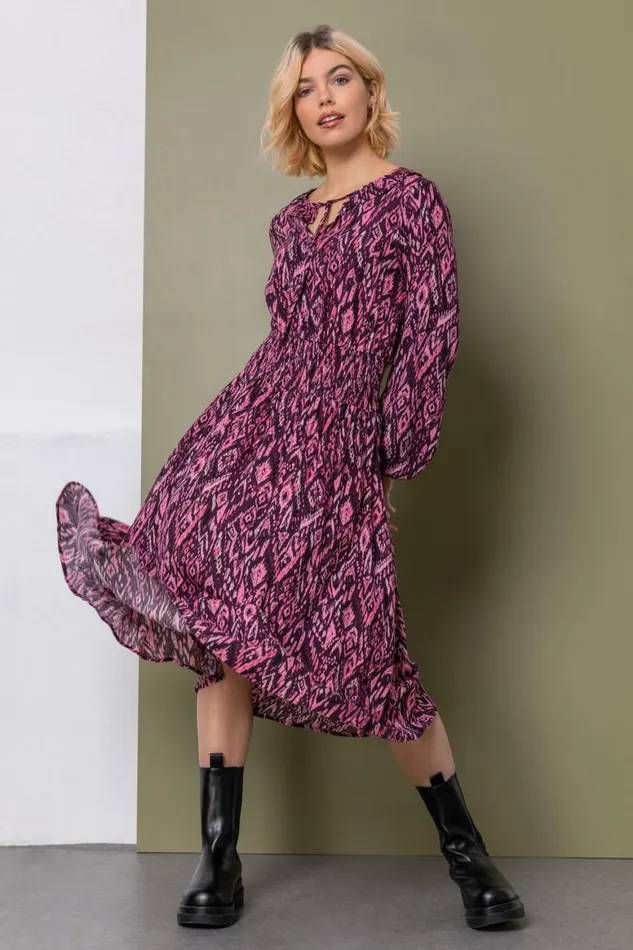 Women Plum Aztec Print Ruffle Detail Midi Dress Roman Dresses