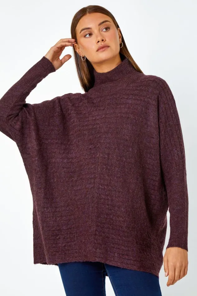Women Plum Cable Knit Roll Neck Stretch Longline Jumper Roman Knitwear