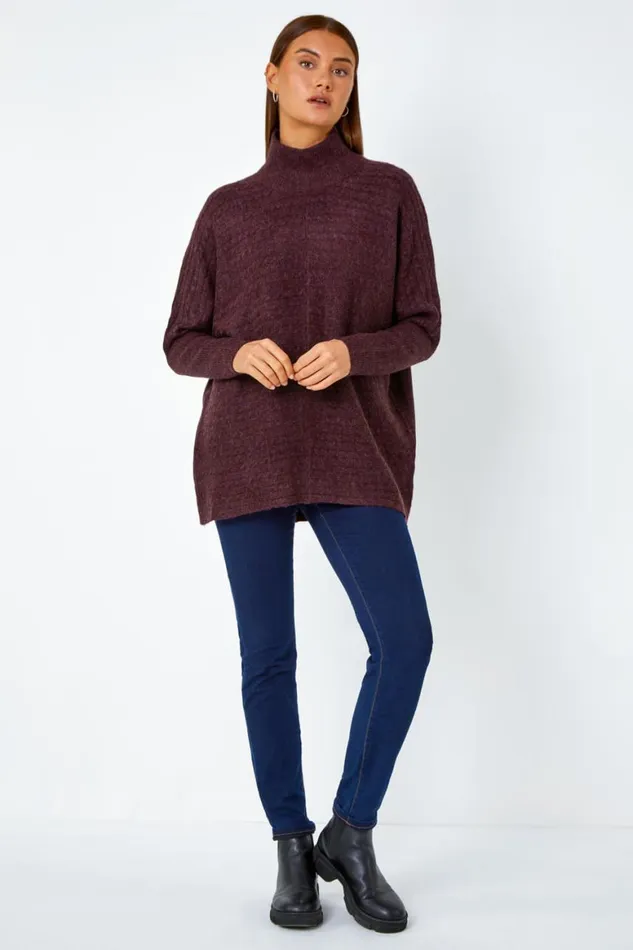 Women Plum Cable Knit Roll Neck Stretch Longline Jumper Roman Knitwear