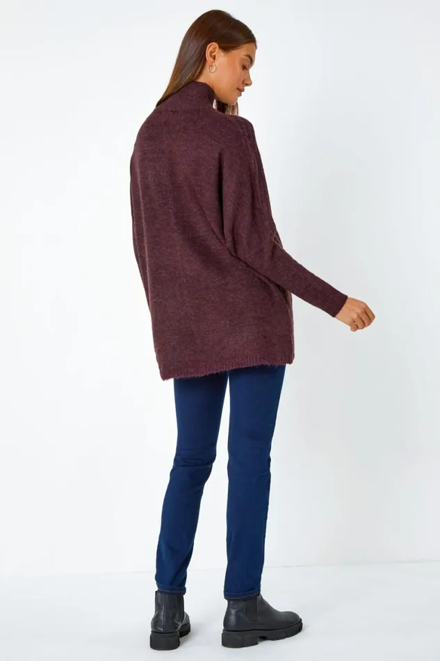 Women Plum Cable Knit Roll Neck Stretch Longline Jumper Roman Knitwear