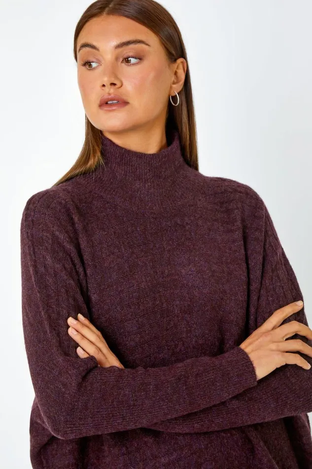 Women Plum Cable Knit Roll Neck Stretch Longline Jumper Roman Knitwear