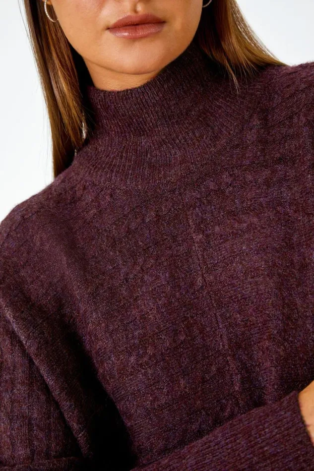 Women Plum Cable Knit Roll Neck Stretch Longline Jumper Roman Knitwear