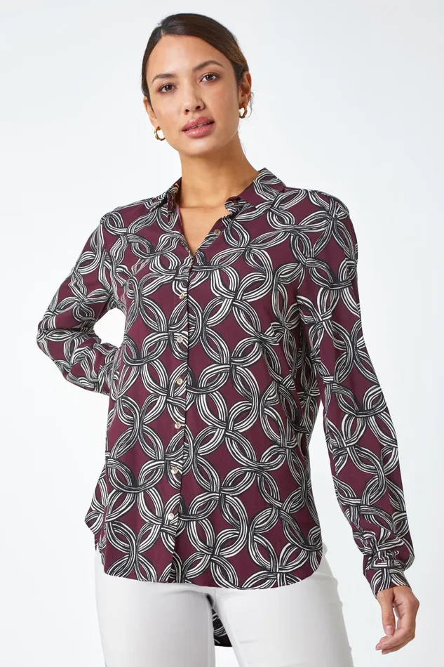 Women Plum Geometric Print Button Blouse Roman Tops