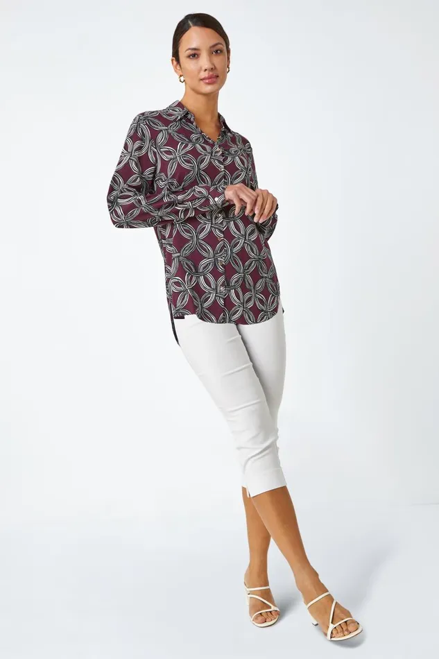 Women Plum Geometric Print Button Blouse Roman Tops