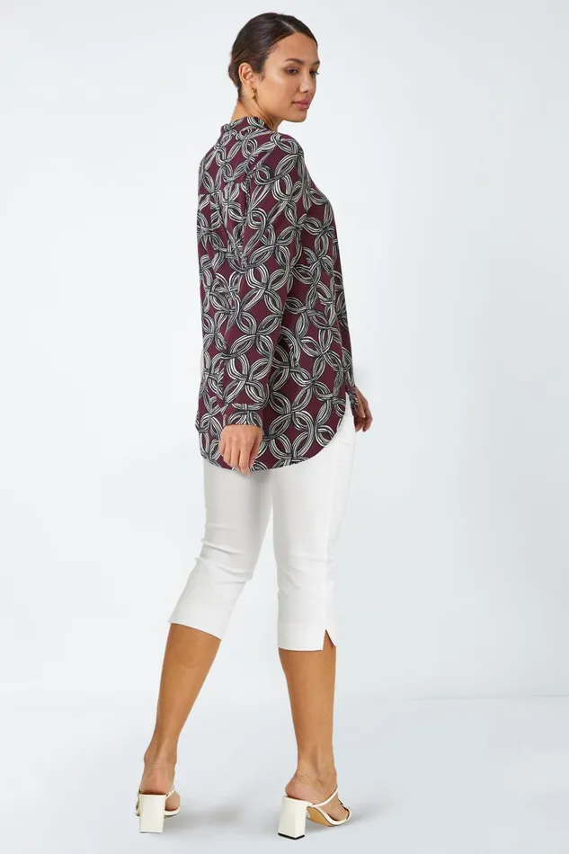 Women Plum Geometric Print Button Blouse Roman Tops