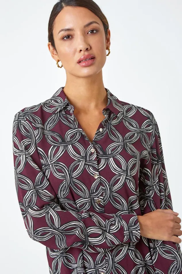 Women Plum Geometric Print Button Blouse Roman Tops