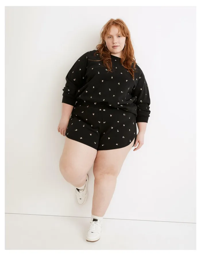 Women Plus MWL Embroidered Curved Hem Sweatshorts In Spring Floral True Black Madewell MWL Athleisure Women Plus MWL Embroidered Curved Hem Sweatshorts In Spring Floral True Black Madewell MWL Athleisure