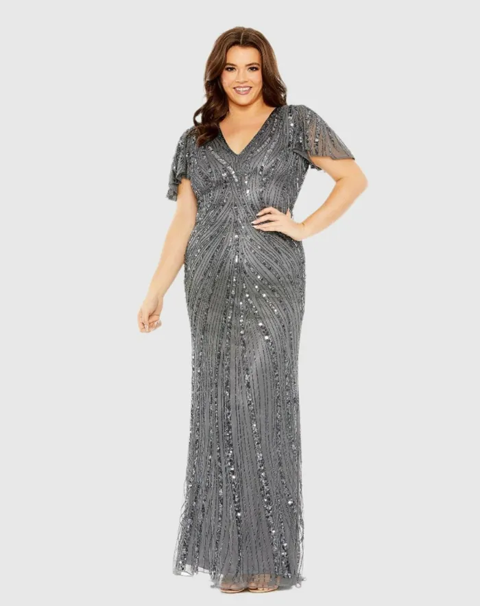 Women Plus Size Dresses Mac Duggal Flutter Sleeve Embellished Dress Pewter