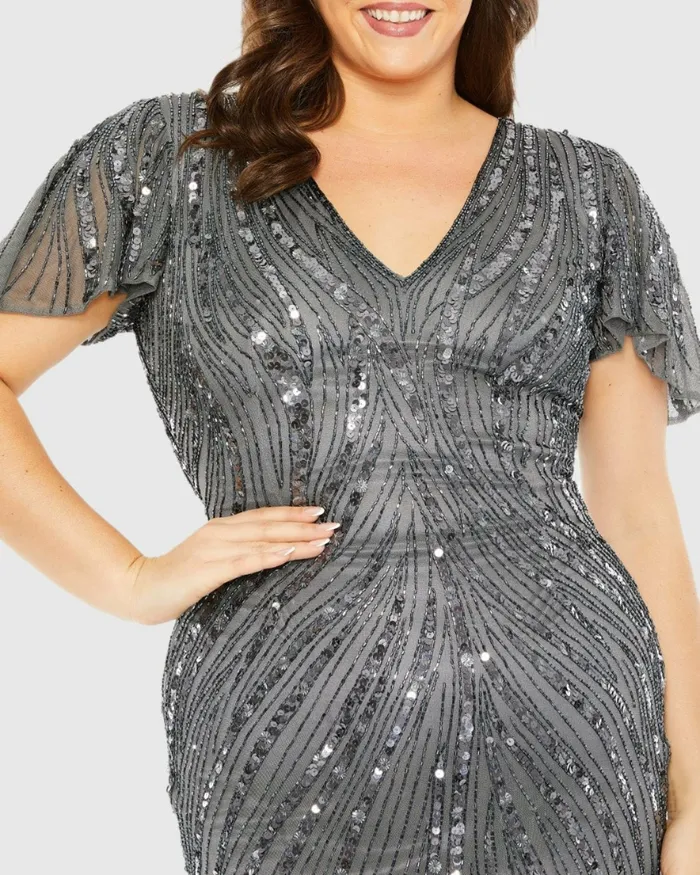 Women Plus Size Dresses Mac Duggal Flutter Sleeve Embellished Dress Pewter Women Plus Size Dresses Mac Duggal Flutter Sleeve Embellished Dress Pewter