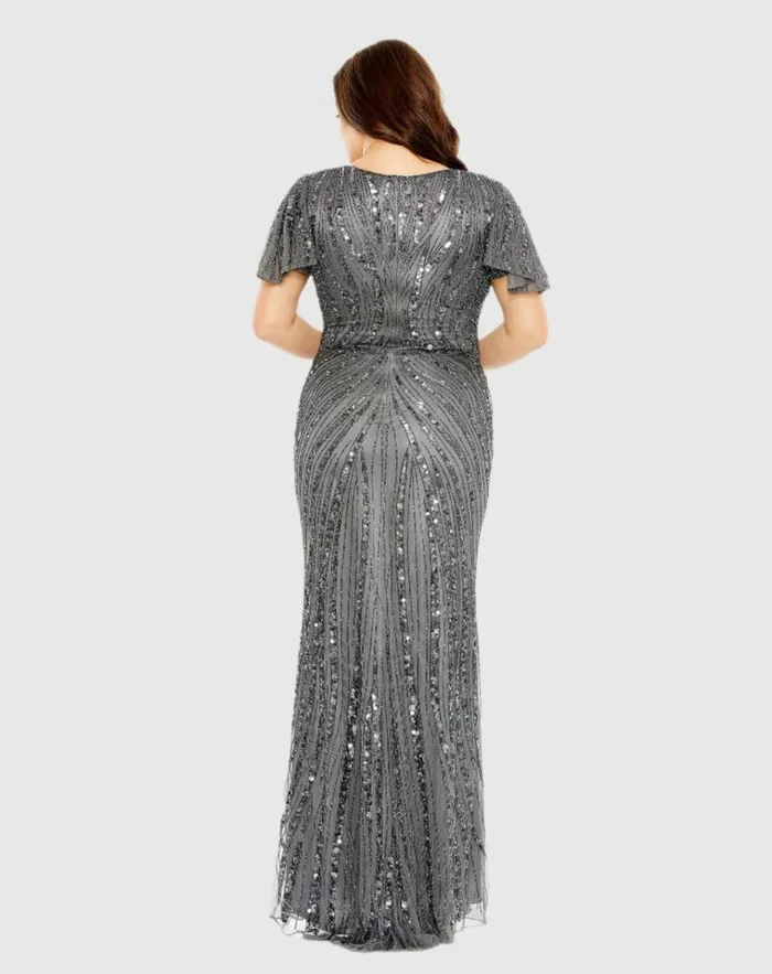 Women Plus Size Dresses Mac Duggal Flutter Sleeve Embellished Dress Pewter Women Plus Size Dresses Mac Duggal Flutter Sleeve Embellished Dress Pewter