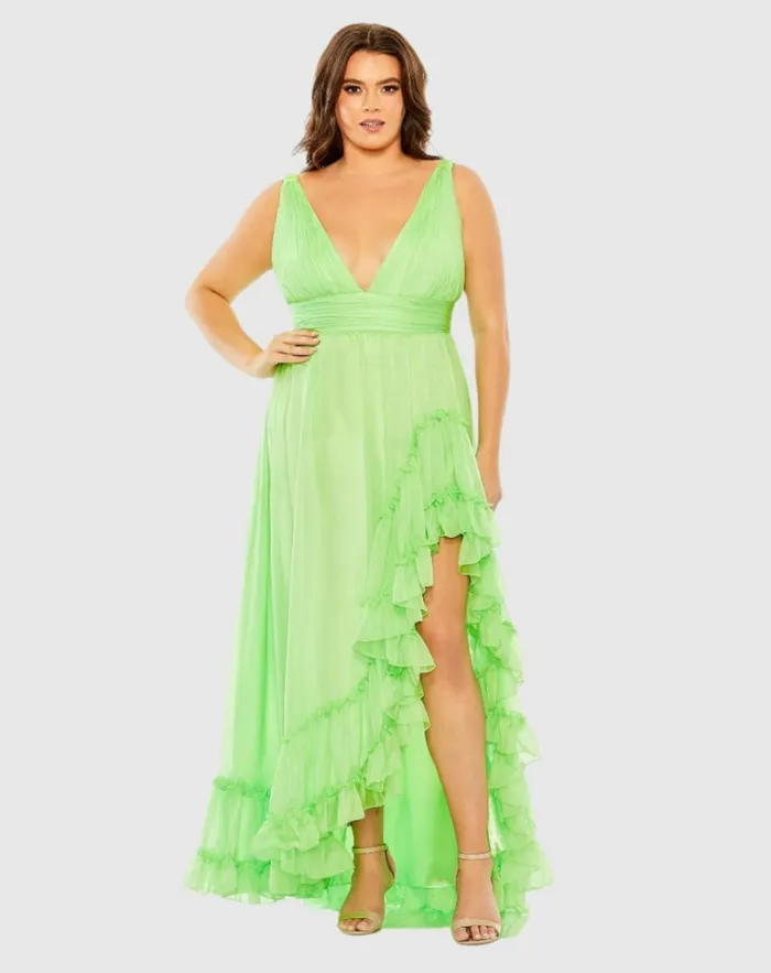 Women Plus Size Dresses Mac Duggal Plunge Neck Sleeveless Ruffle Tiered Front Slit Gown 8211 FINAL SALE Mojito Women Plus Size Dresses Mac Duggal Plunge Neck Sleeveless Ruffle Tiered Front Slit Gown 8211 FINAL SALE Mojito