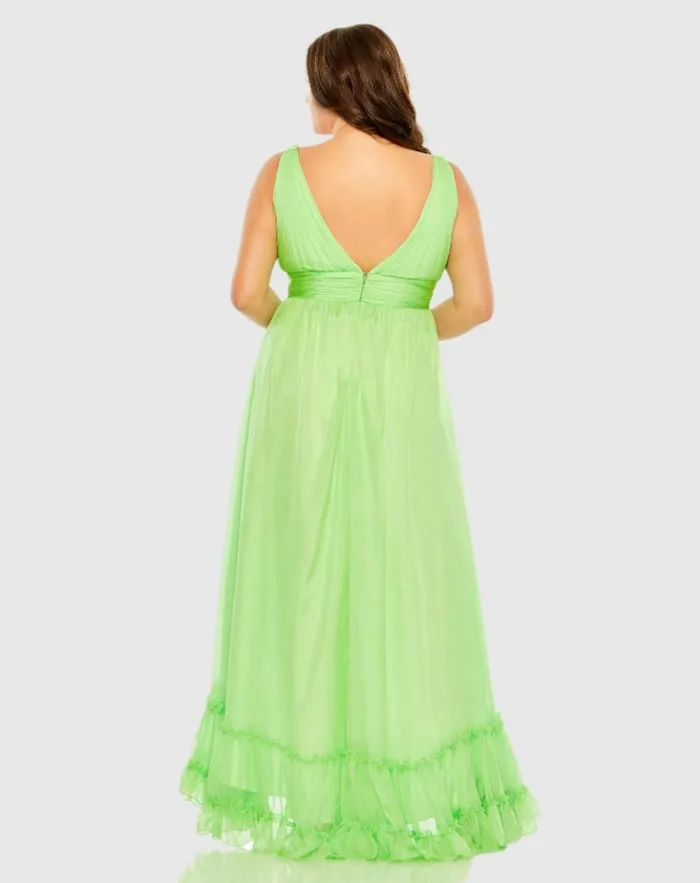 Women Plus Size Dresses Mac Duggal Plunge Neck Sleeveless Ruffle Tiered Front Slit Gown 8211 FINAL SALE Mojito