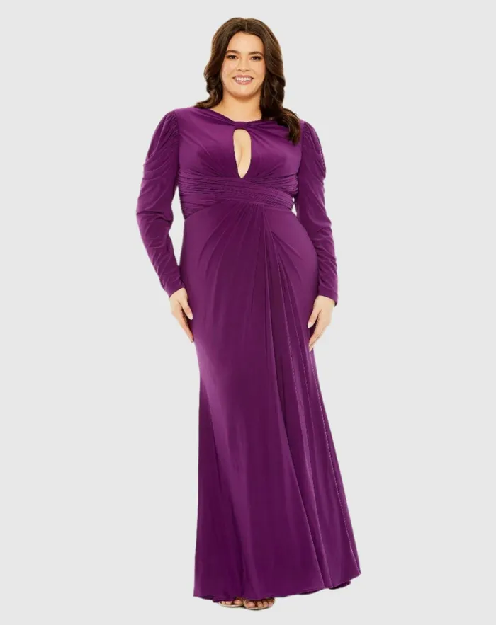 Women Plus Size Dresses Mac Duggal Princess Long Sleeve Keyhole Neck Jersey Dress Plum