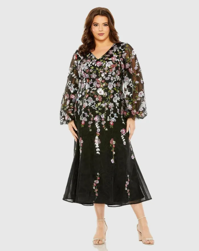 Women Plus Size Dresses Mac Duggal Puff Sleeve Embellished A Line Dress Black Multi