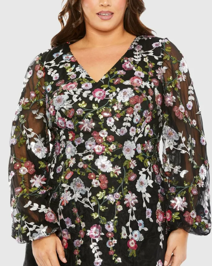 Women Plus Size Dresses Mac Duggal Puff Sleeve Embellished A Line Dress Black Multi