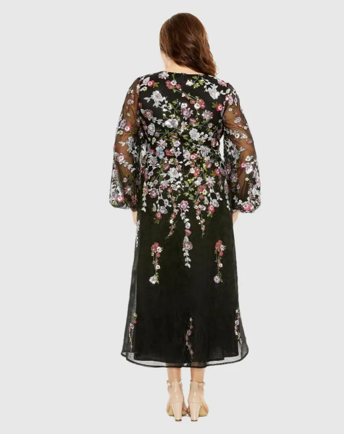 Women Plus Size Dresses Mac Duggal Puff Sleeve Embellished A Line Dress Black Multi