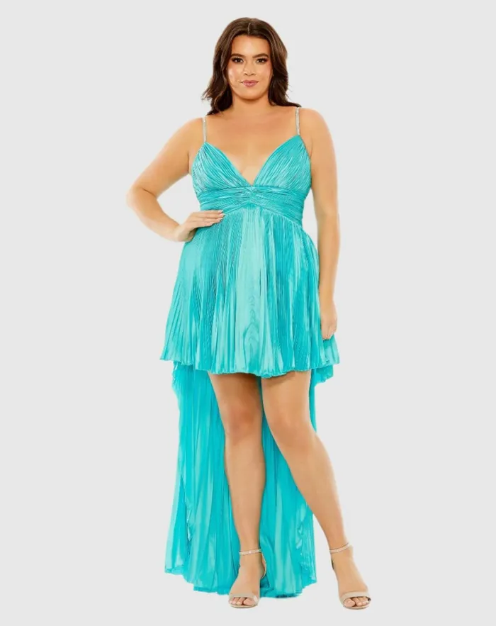 Women Plus Size Dresses Mac Duggal Rhinestone High Low Pleated Gown Aqua