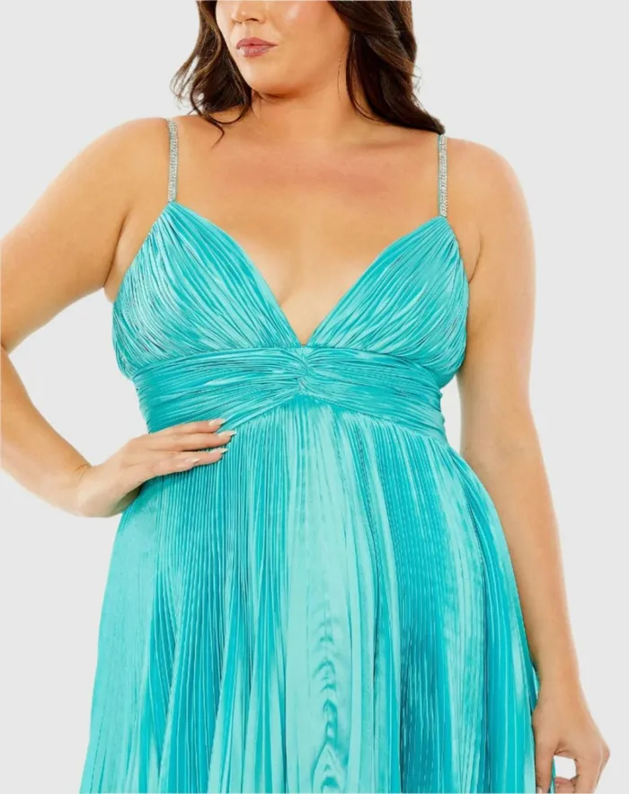 Women Plus Size Dresses Mac Duggal Rhinestone High Low Pleated Gown Aqua Women Plus Size Dresses Mac Duggal Rhinestone High Low Pleated Gown Aqua