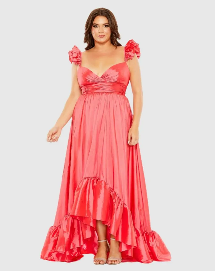 Women Plus Size Dresses Mac Duggal Ruffle Strap High Low Gown Plus Watermelon