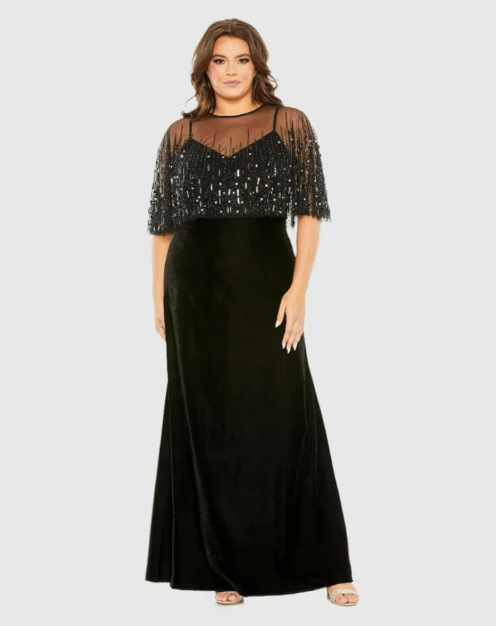 Women Plus Size Dresses Mac Duggal Sleeveless Velvet Dress With Embellished Cape Black