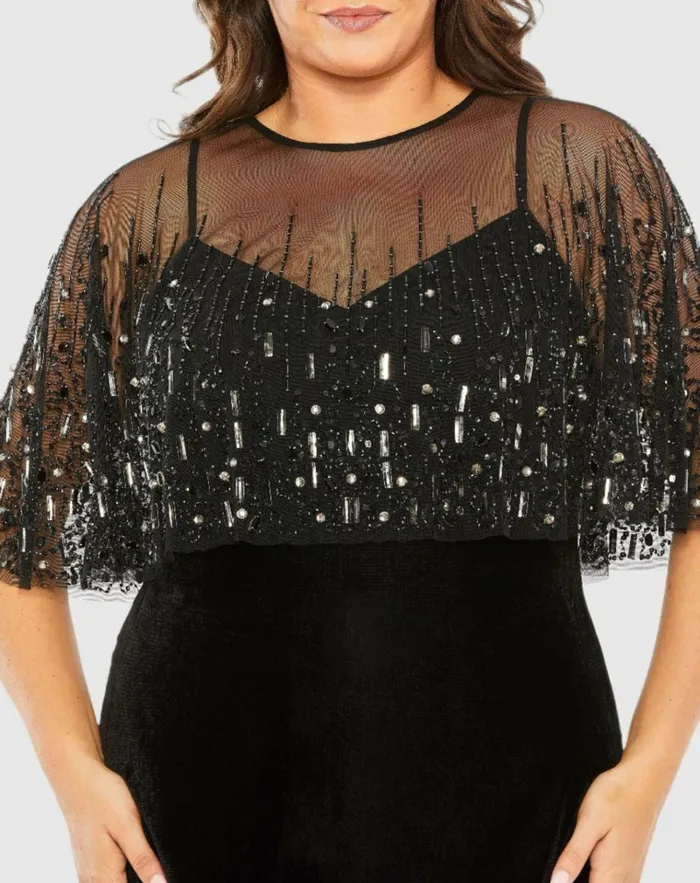 Women Plus Size Dresses Mac Duggal Sleeveless Velvet Dress With Embellished Cape Black