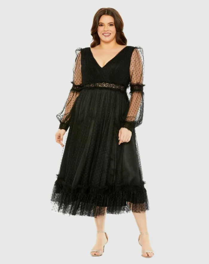 Women Plus Size Dresses Mac Duggal V Neck Long Sleeve Polka Dot Dress With Lace Belt Black Women Plus Size Dresses Mac Duggal V Neck Long Sleeve Polka Dot Dress With Lace Belt Black