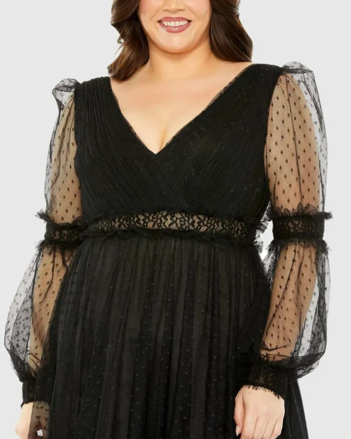 Women Plus Size Dresses Mac Duggal V Neck Long Sleeve Polka Dot Dress With Lace Belt Black Women Plus Size Dresses Mac Duggal V Neck Long Sleeve Polka Dot Dress With Lace Belt Black