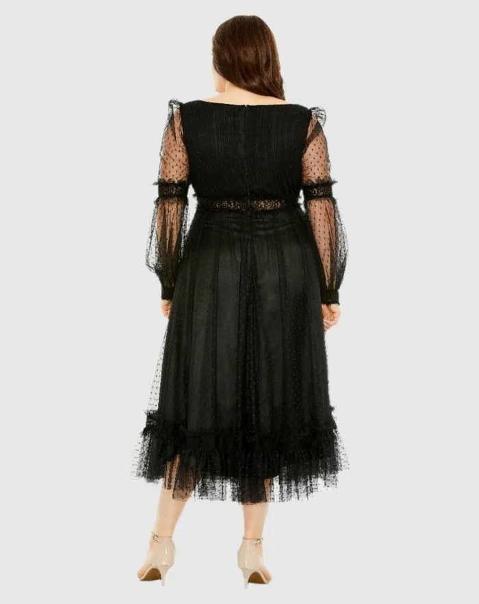 Women Plus Size Dresses Mac Duggal V Neck Long Sleeve Polka Dot Dress With Lace Belt Black Women Plus Size Dresses Mac Duggal V Neck Long Sleeve Polka Dot Dress With Lace Belt Black