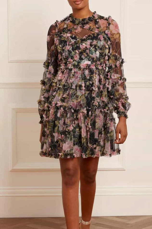 Women Printed Dresses Needle and Thread English Rose Diamond Ruffle Mini Dress Black