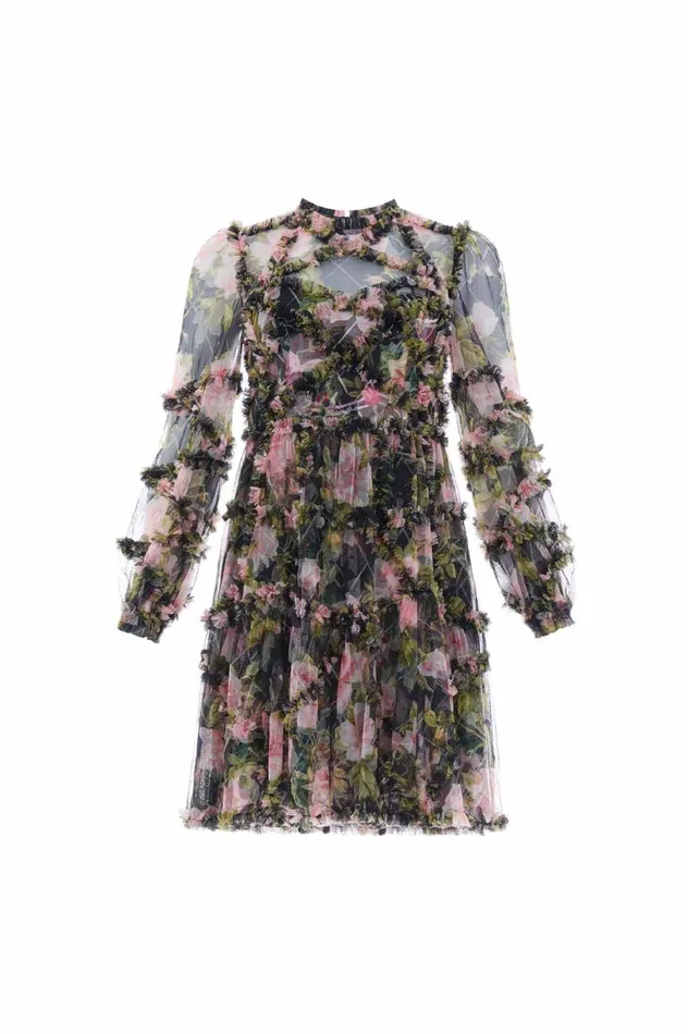 Women Printed Dresses Needle and Thread English Rose Diamond Ruffle Mini Dress Black