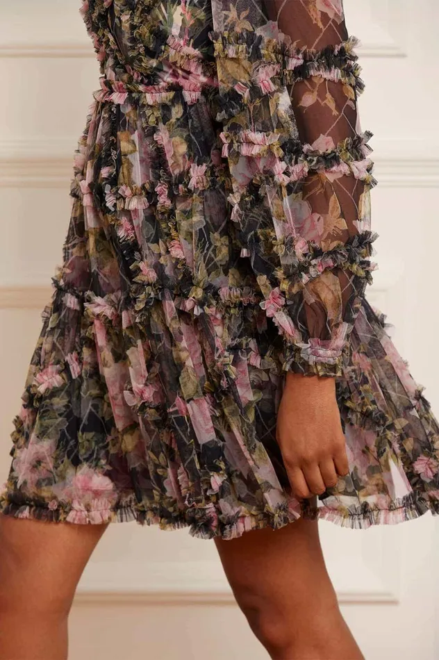 Women Printed Dresses Needle and Thread English Rose Diamond Ruffle Mini Dress Black