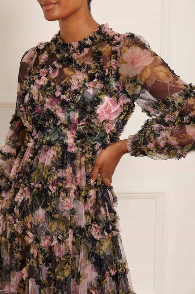 Women Printed Dresses Needle and Thread English Rose Diamond Ruffle Mini Dress Black