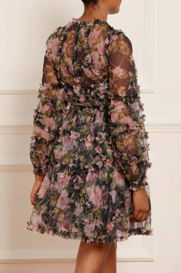 Women Printed Dresses Needle and Thread English Rose Diamond Ruffle Mini Dress Black