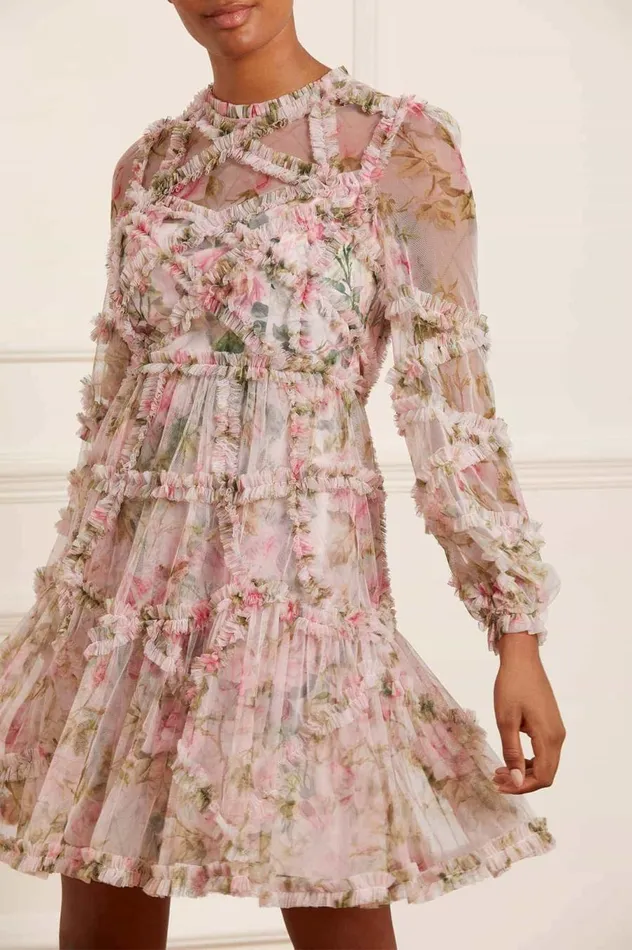 Women Printed Dresses Needle and Thread English Rose Diamond Ruffle Mini Dress Pink