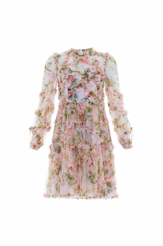 Women Printed Dresses Needle and Thread English Rose Diamond Ruffle Mini Dress Pink
