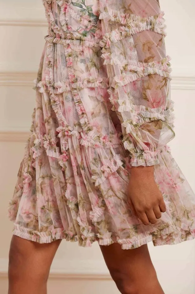 Women Printed Dresses Needle and Thread English Rose Diamond Ruffle Mini Dress Pink