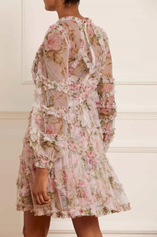 Women Printed Dresses Needle and Thread English Rose Diamond Ruffle Mini Dress Pink